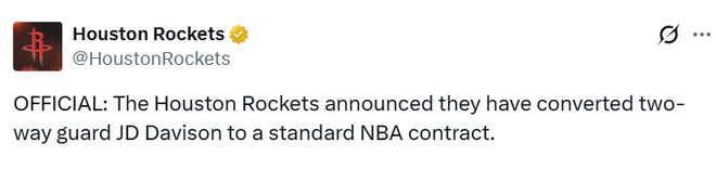 火箭队正式签下JD-戴维森 季后赛名单揭晓杜兰特